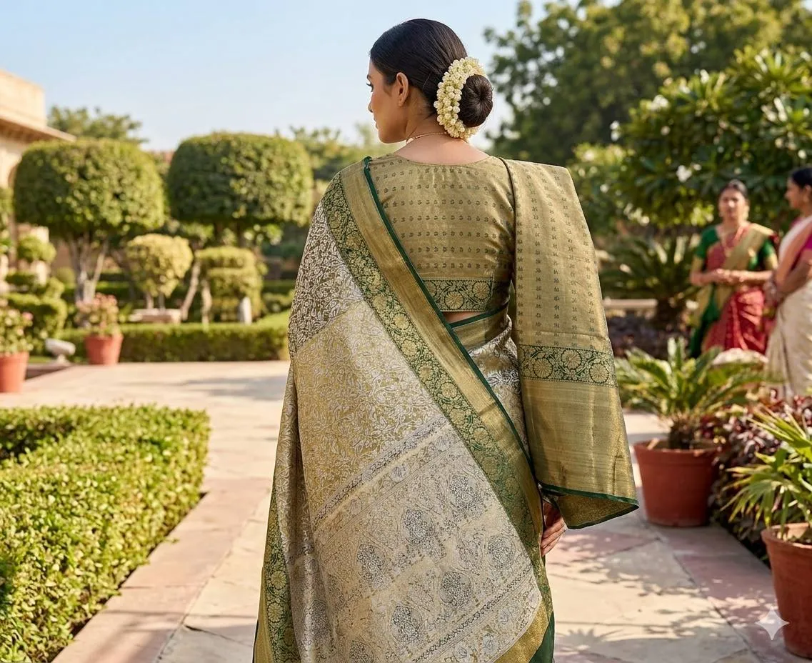 Bottle Green Kanjivaram Silk Saree With Rich Zari Weaving Border & Blouse For Women Laxmi 88