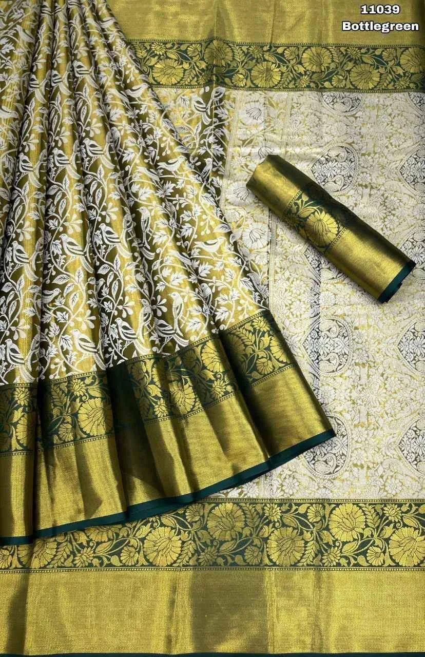 Bottle Green Kanjivaram Silk Saree With Rich Zari Weaving Border & Blouse For Women Laxmi 88
