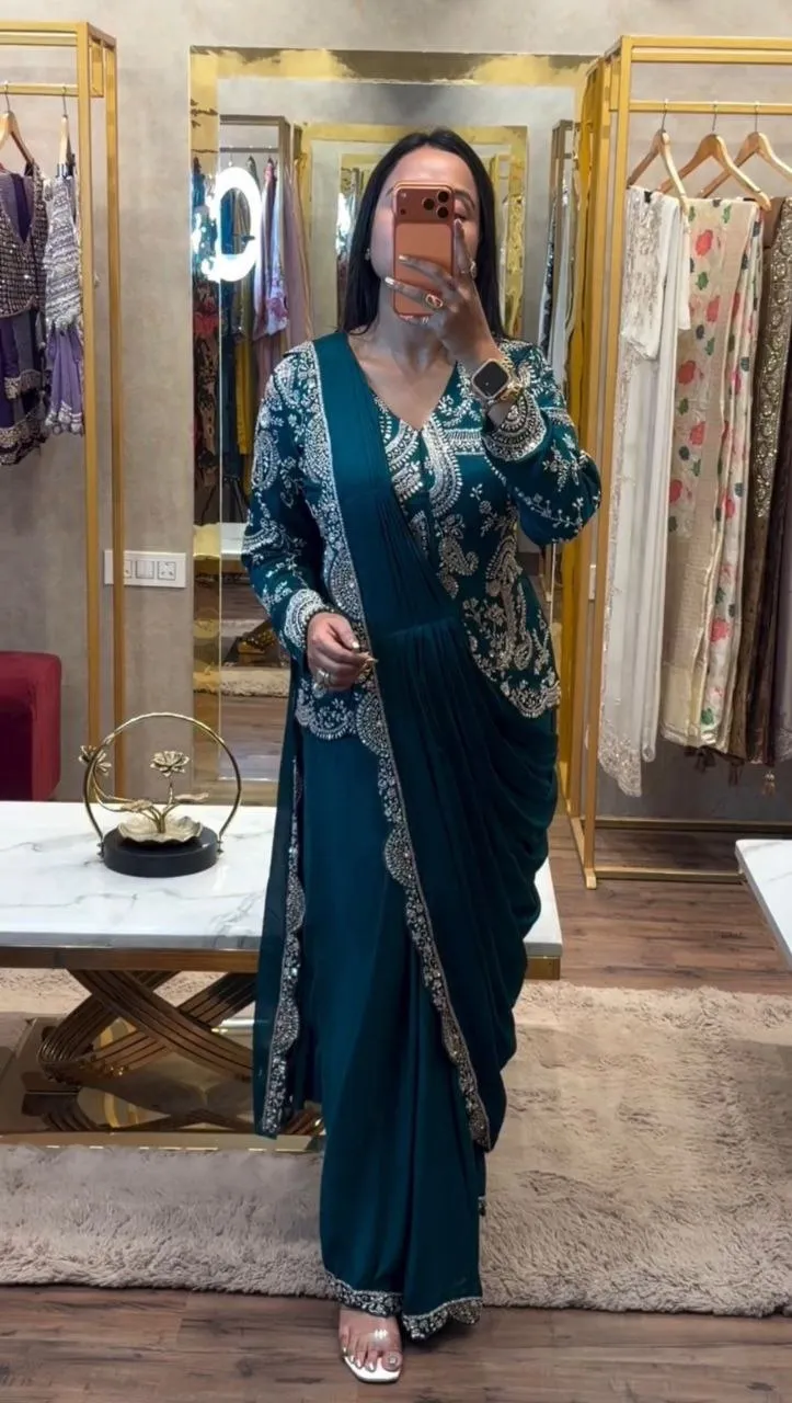 Madhuri 212 Ready To Wear Saree for Women with Heavy Embroidered Jacket | Teal Blue Chinon One Minute Wedding Party Wear Saree
