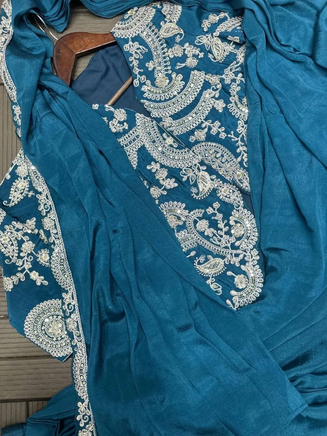 Madhuri 212 Ready To Wear Saree for Women with Heavy Embroidered Jacket | Teal Blue Chinon One Minute Wedding Party Wear Saree