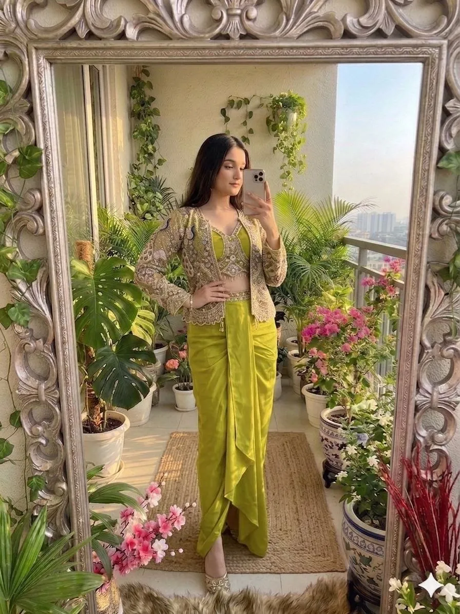 Madhuri 252 Ready To Wear Saree for Women with Heavy Embroidered Jacket | Olive Yellow Crepe Satin One Minute Party Wear Saree