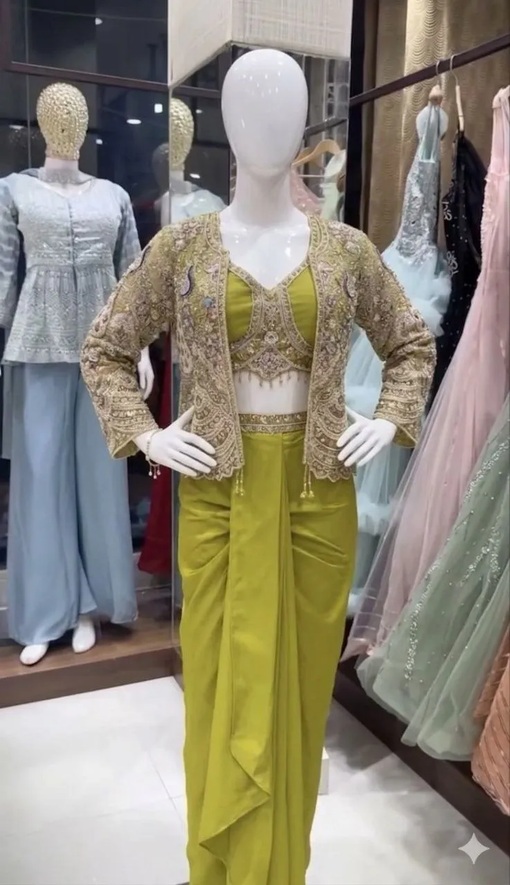 Madhuri 252 Ready To Wear Saree for Women with Heavy Embroidered Jacket | Olive Yellow Crepe Satin One Minute Party Wear Saree