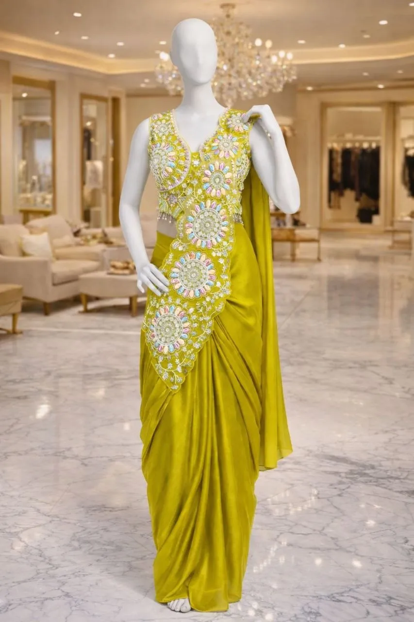 Madhuri 253 Ready To Wear Saree for Women with Heavy Embroidery Blouse | Mustard Yellow Chinon One Minute Wedding Party Wear Saree