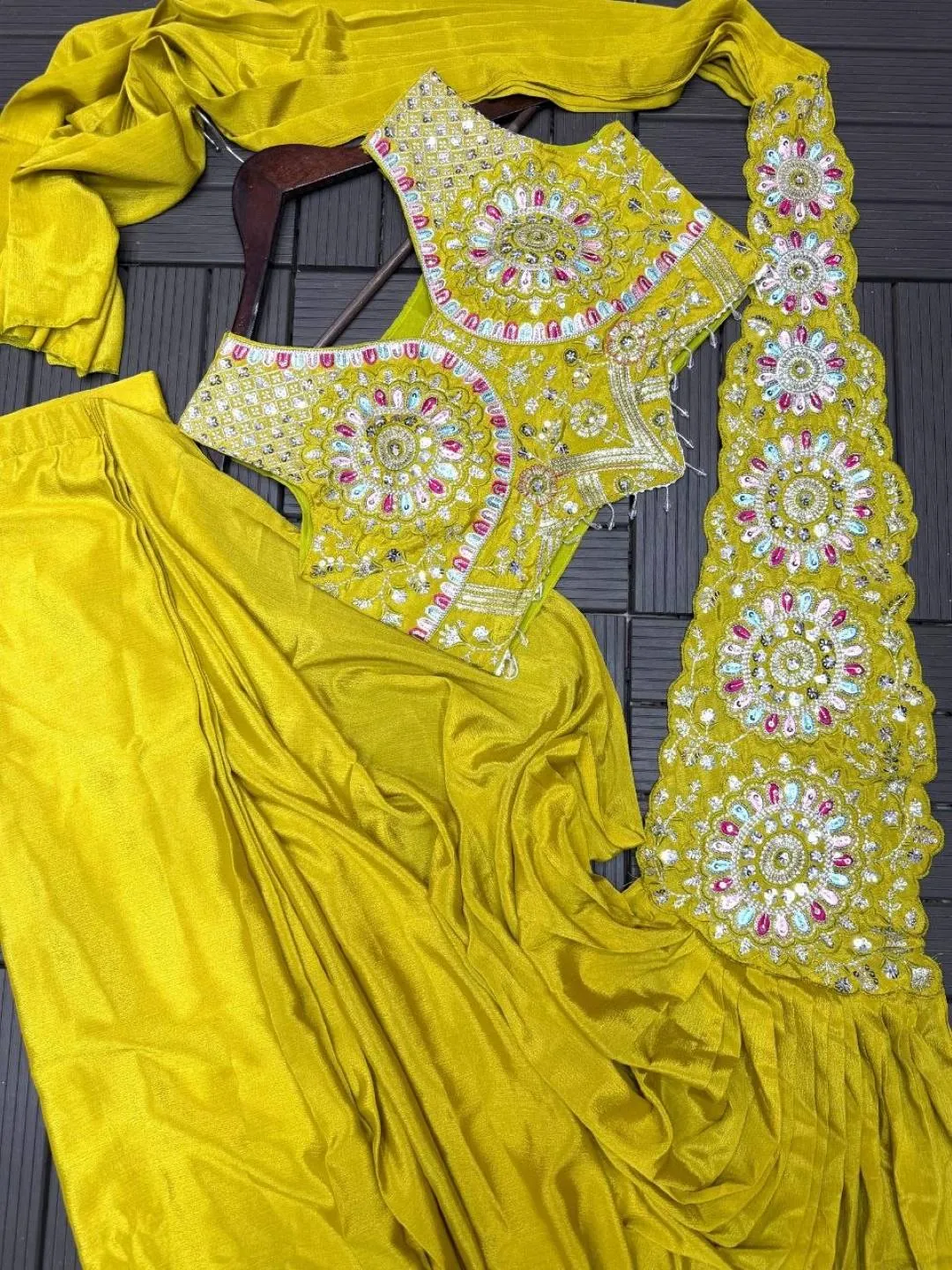 Madhuri 253 Ready To Wear Saree for Women with Heavy Embroidery Blouse | Mustard Yellow Chinon One Minute Wedding Party Wear Saree