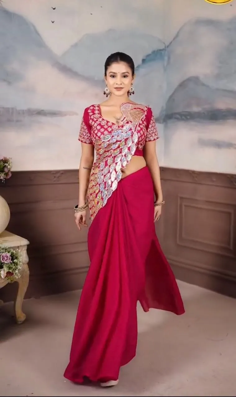 Madhuri 254 Ready To Wear Saree for Women with Heavy Sequin Embroidery Blouse | Rani Pink Star Georgette Wedding Party Wear Saree