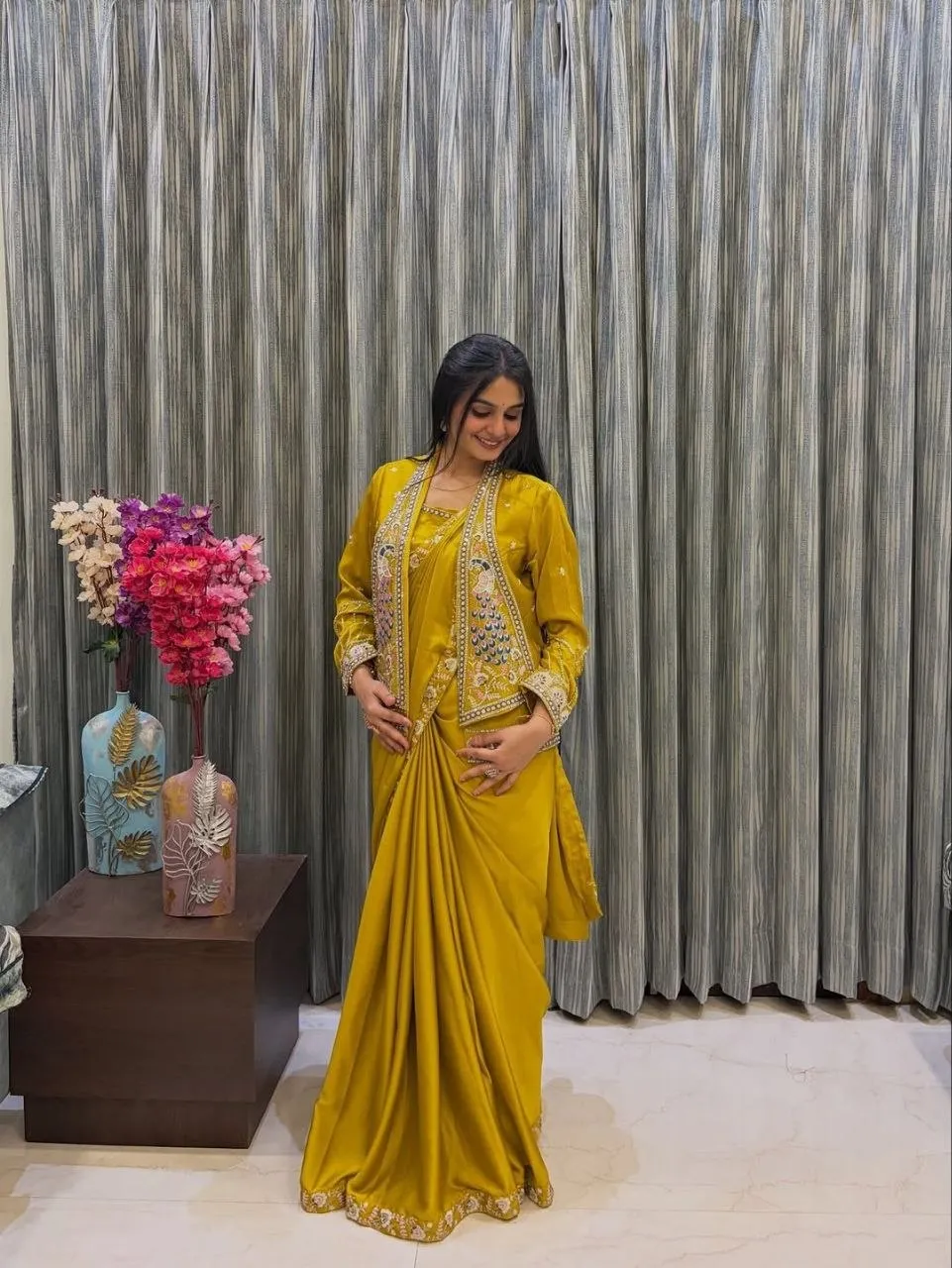 Madhuri 256 Ready To Wear Saree for Women with Embroidered Koti Jacket | Mustard Yellow Heavy Crepe Satin Wedding Party Wear Saree