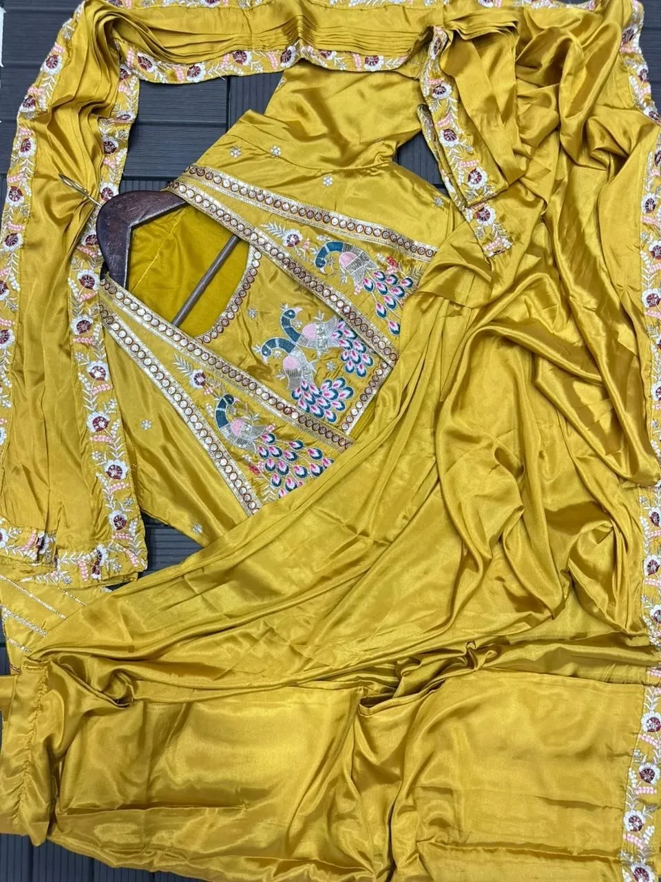 Madhuri 256 Ready To Wear Saree for Women with Embroidered Koti Jacket | Mustard Yellow Heavy Crepe Satin Wedding Party Wear Saree