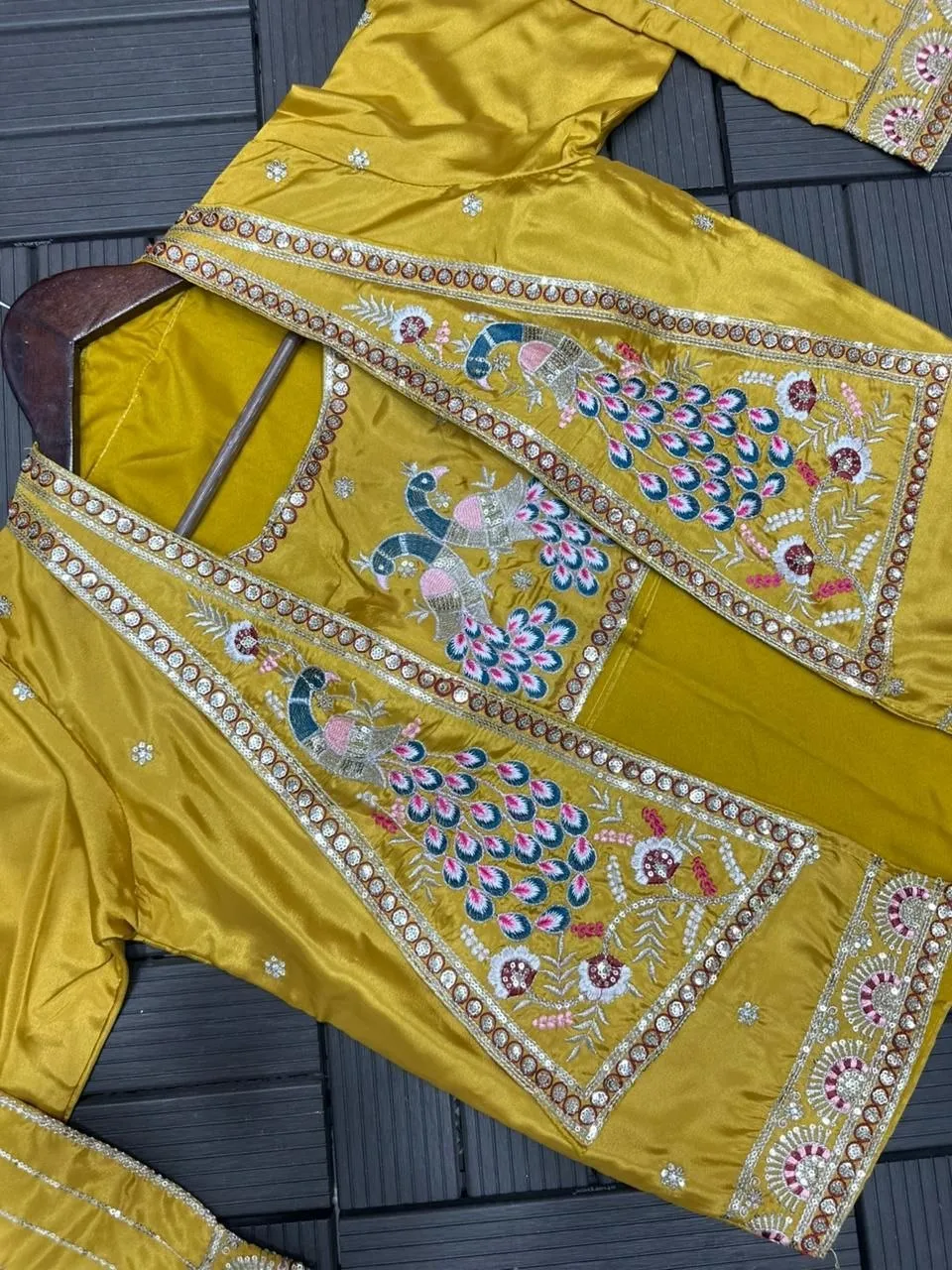 Madhuri 256 Ready To Wear Saree for Women with Embroidered Koti Jacket | Mustard Yellow Heavy Crepe Satin Wedding Party Wear Saree