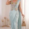Madhuri 257 Ice Blue Ready To Wear Saree with Heavy Embroidery Belt & Designer Blouse | Crepe Wedding Party Wear Saree