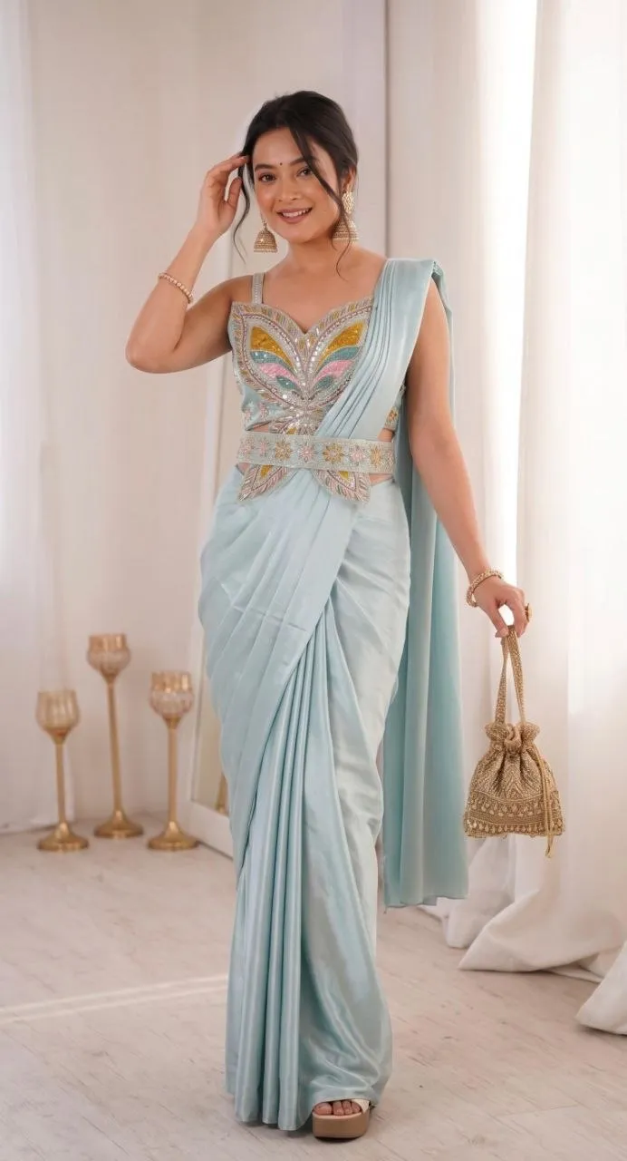 Madhuri 257 Ice Blue Ready To Wear Saree with Heavy Embroidery Belt & Designer Blouse | Crepe Wedding Party Wear Saree