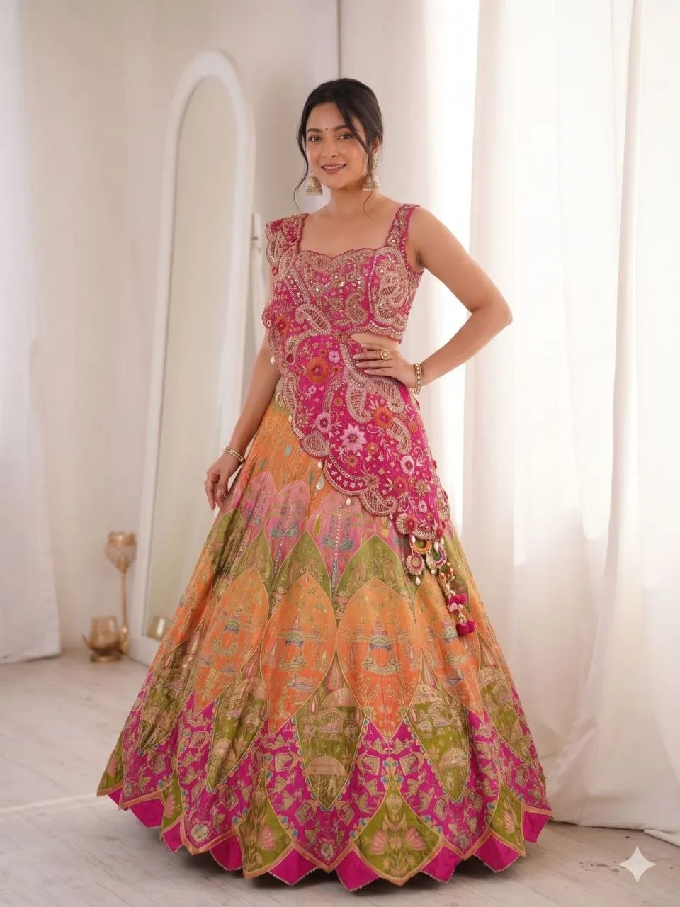 Madhuri 259 Designer Printed Lehenga Choli with Embroidered Shrug | Crepe Digital Print Wedding Party Wear Lehenga for Women