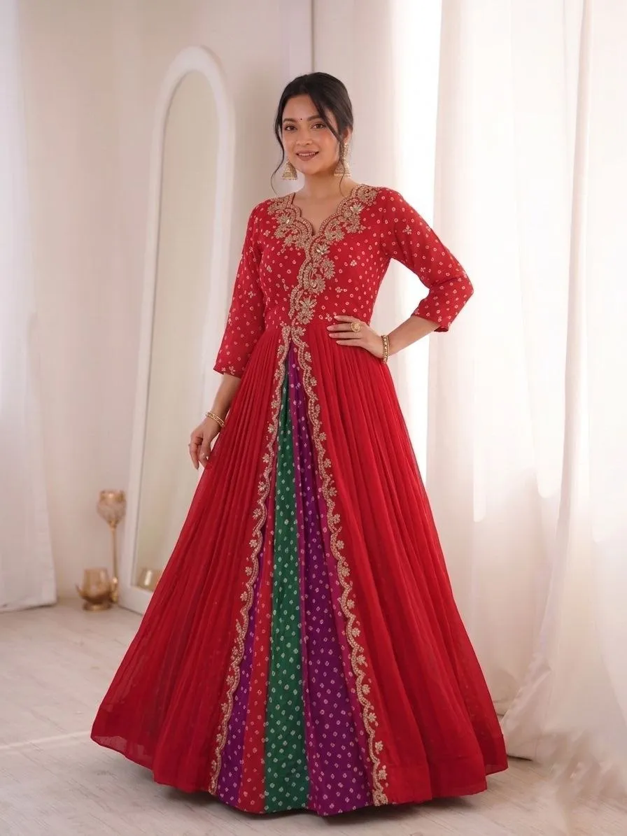 Madhuri 260 Red Georgette Anarkali Gown with Heavy Embroidery Sequins Work | Designer Wedding Party Wear Gown for Women