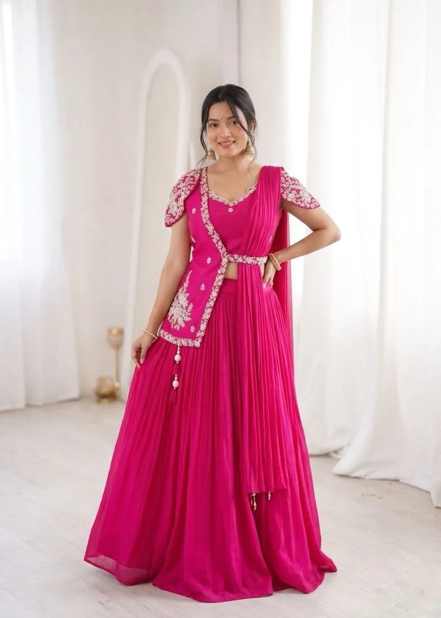 Madhuri 261 Rani Pink Chinon Lehenga Choli with Designer Embroidered Jacket | Heavy Sequins Work Wedding Party Wear Lehenga
