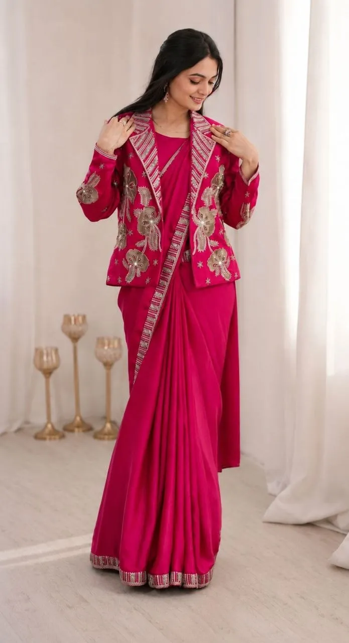 Madhuri 265 Rani Pink Ready To Wear Saree with Designer Embroidered Jacket | Heavy Crepe Satin Koti Style Wedding Party Wear Saree
