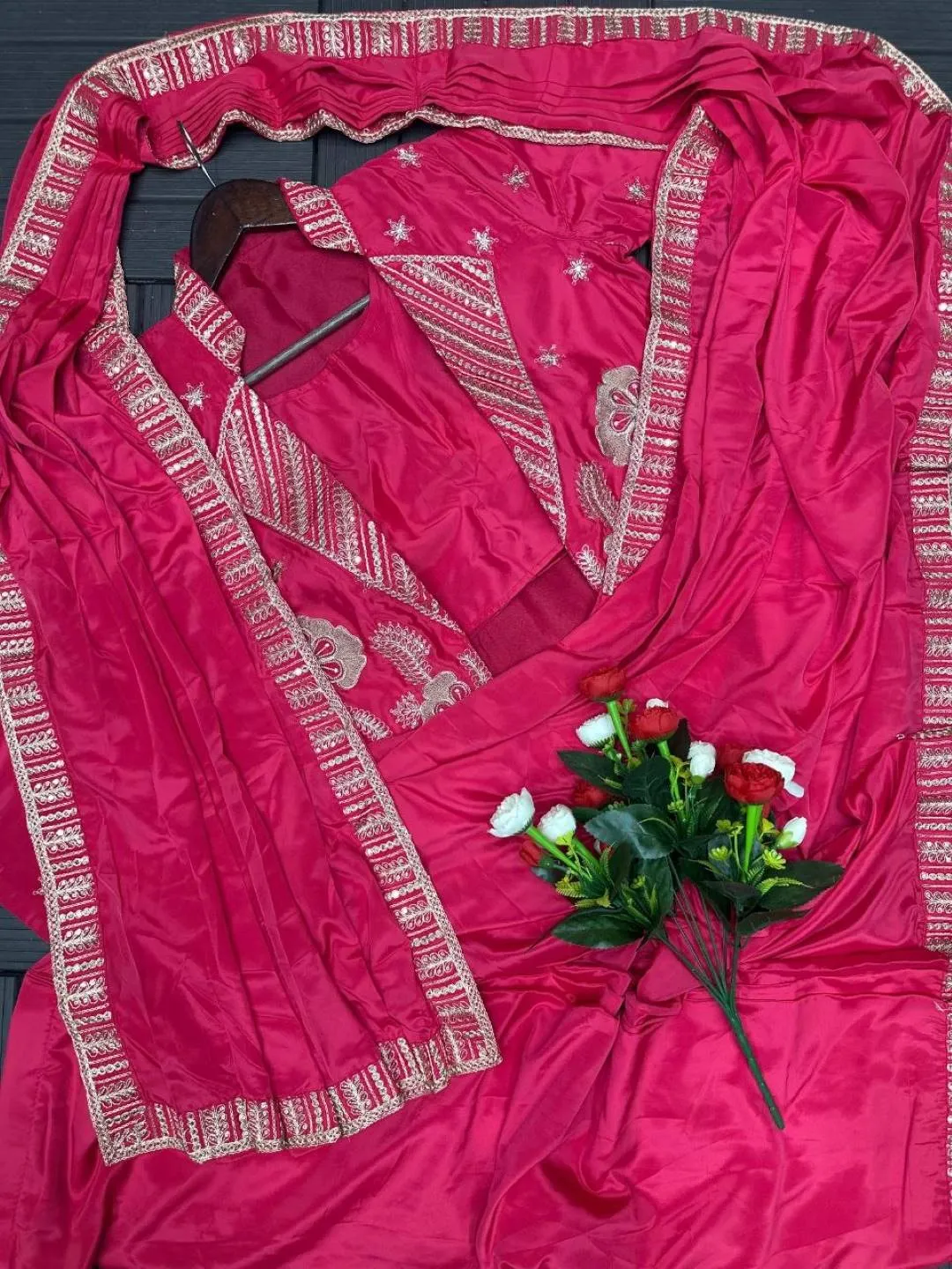 Madhuri 265 Rani Pink Ready To Wear Saree with Designer Embroidered Jacket | Heavy Crepe Satin Koti Style Wedding Party Wear Saree