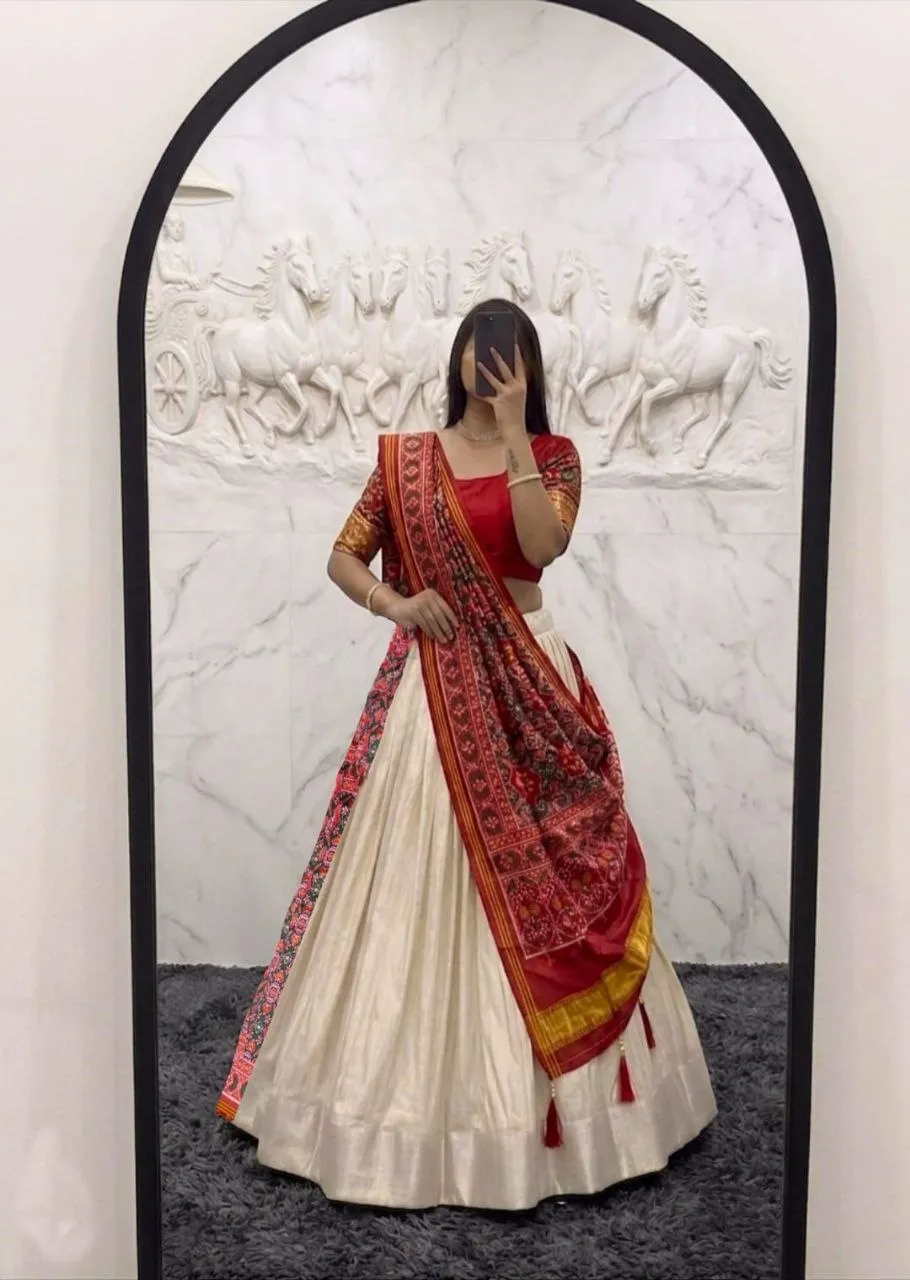 Madhuri 266 White Silk Lehenga Choli with Red Patola Dupatta for Women