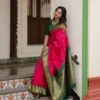Rani Pink Lichi Silk Saree with Green Border | Rani 278 Soft Silk Zari Wedding Saree
