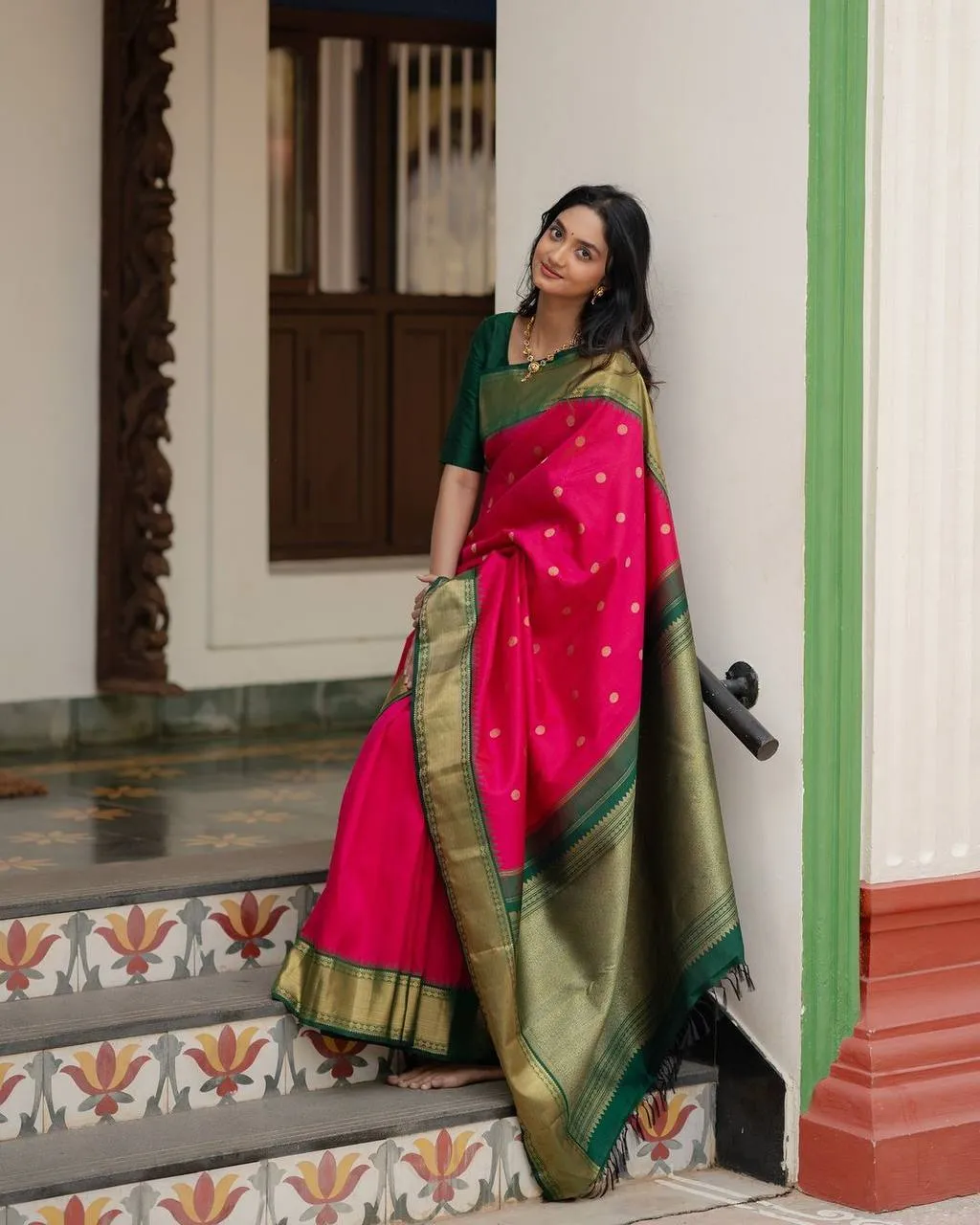 Rani Pink Lichi Silk Saree with Green Border | Rani 278 Soft Silk Zari Wedding Saree