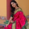 Rani Pink Lichi Silk Saree with Green Border | Rani 278 Soft Silk Zari Wedding Saree