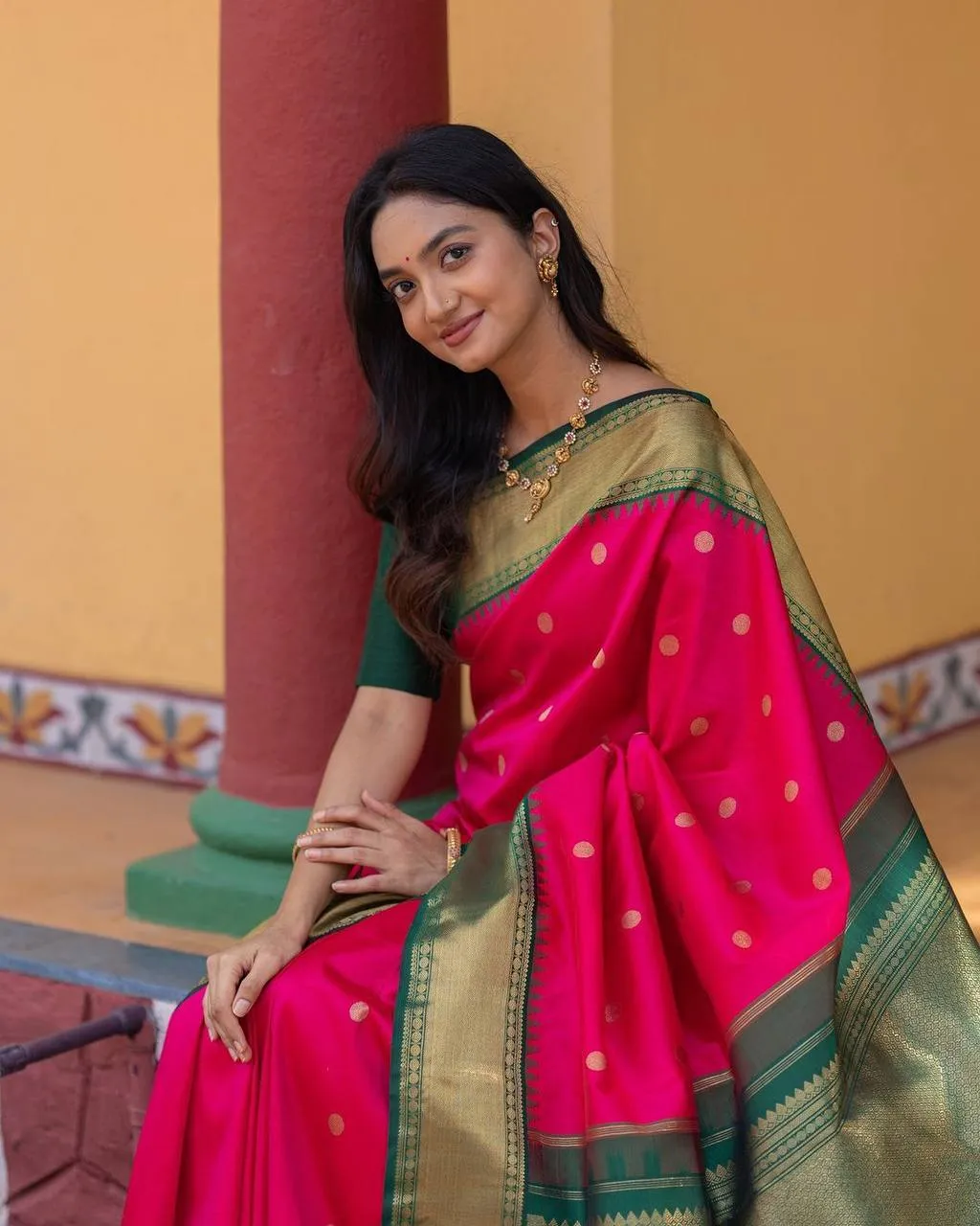 Rani Pink Lichi Silk Saree with Green Border | Rani 278 Soft Silk Zari Wedding Saree