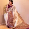Ivory White Lichi Silk Saree with Rani Pink Border | Rani 284 Jacquard Zari Wedding Saree
