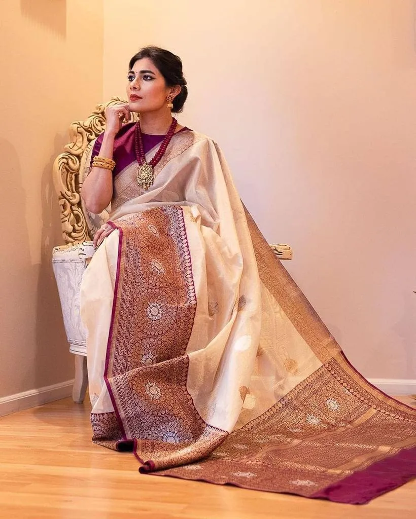 Ivory White Lichi Silk Saree with Rani Pink Border | Rani 284 Jacquard Zari Wedding Saree