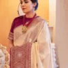 Ivory White Lichi Silk Saree with Rani Pink Border | Rani 284 Jacquard Zari Wedding Saree