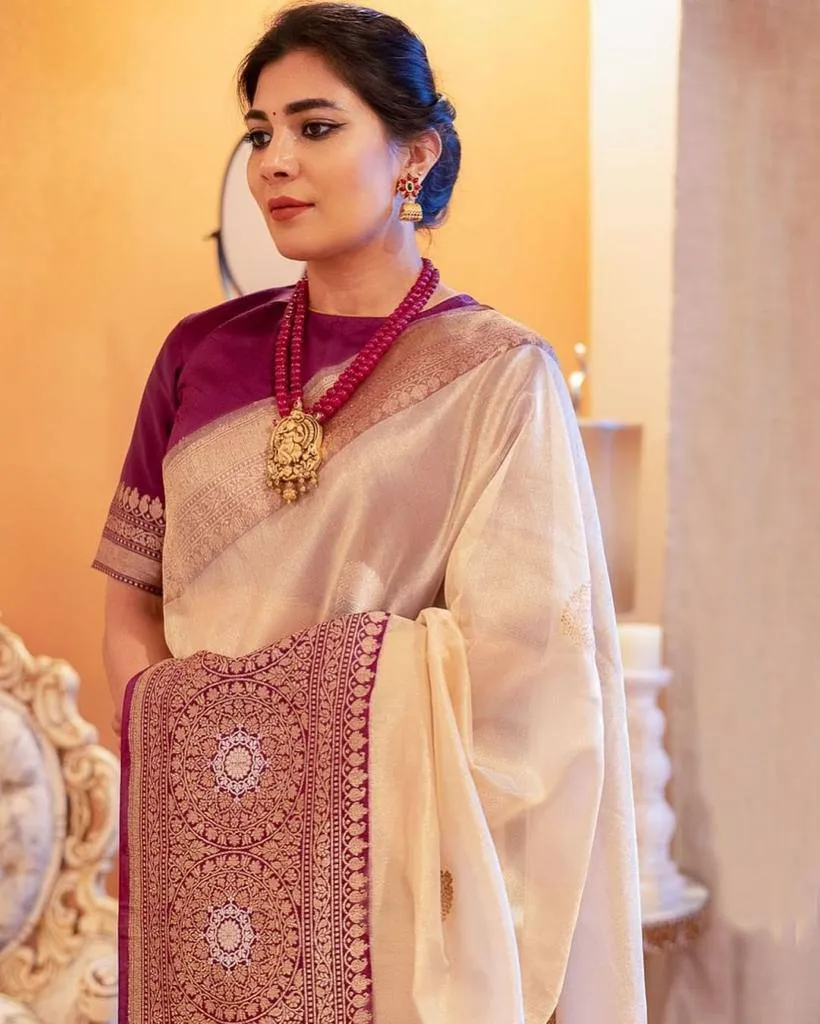 Ivory White Lichi Silk Saree with Rani Pink Border | Rani 284 Jacquard Zari Wedding Saree