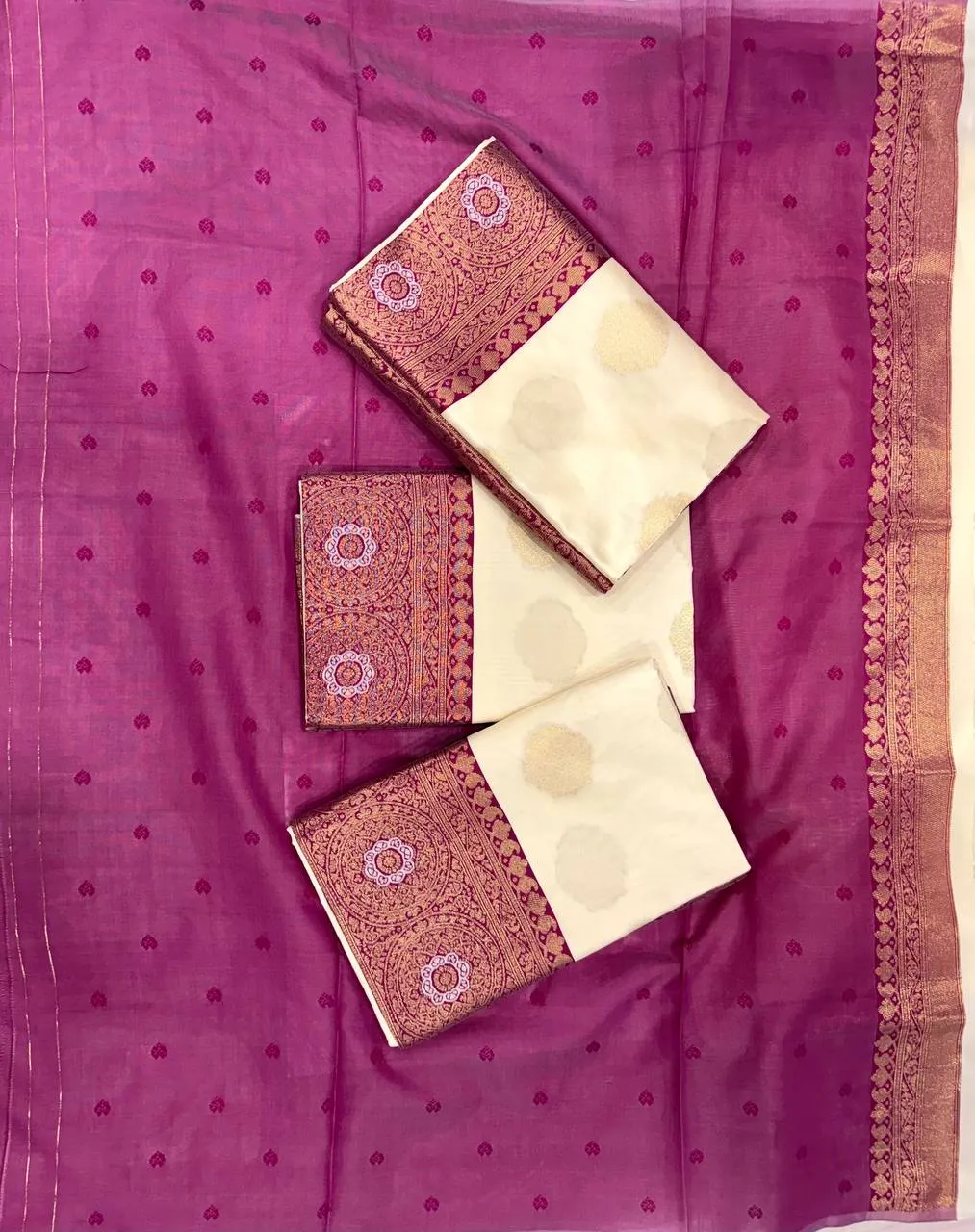 Ivory White Lichi Silk Saree with Rani Pink Border | Rani 284 Jacquard Zari Wedding Saree