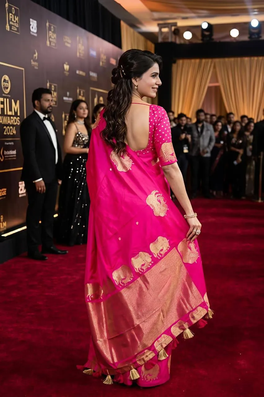 Rani Pink Lichi Silk Saree with Golden Elephant Zari Work | Rani 6066 Designer Party Wear Saree