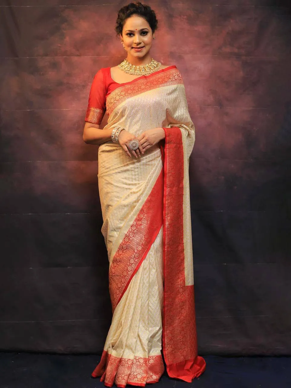 Cream Red Lichi Silk Saree with Golden Zari Border | Rani 6082 Designer Wedding Silk Saree
