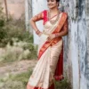 Cream Red Lichi Silk Saree with Golden Zari Border | Rani 6082 Designer Wedding Silk Saree