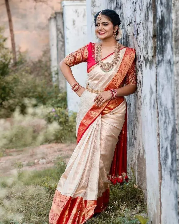Cream Red Lichi Silk Saree with Golden Zari Border | Rani 6082 Designer Wedding Silk Saree