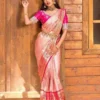 Peach Pink Lichi Silk Saree with Jacquard Zari Work | Rani 6084 Party Wear Silk Saree