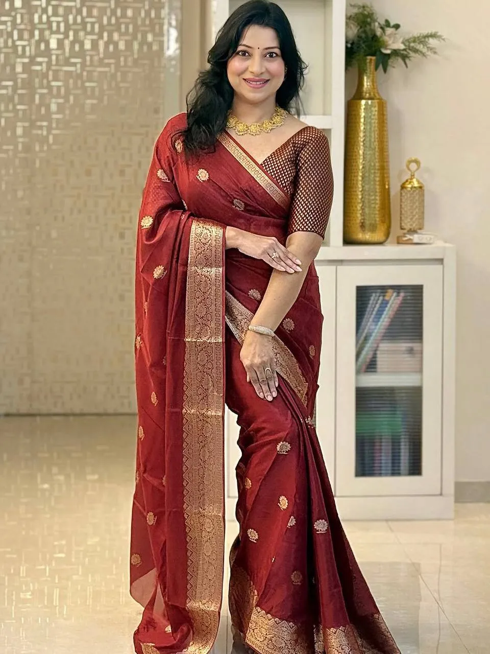 Maroon Banarasi Silk Saree with Golden Zari Work | Rani 6086 Wedding Wear Silk Saree