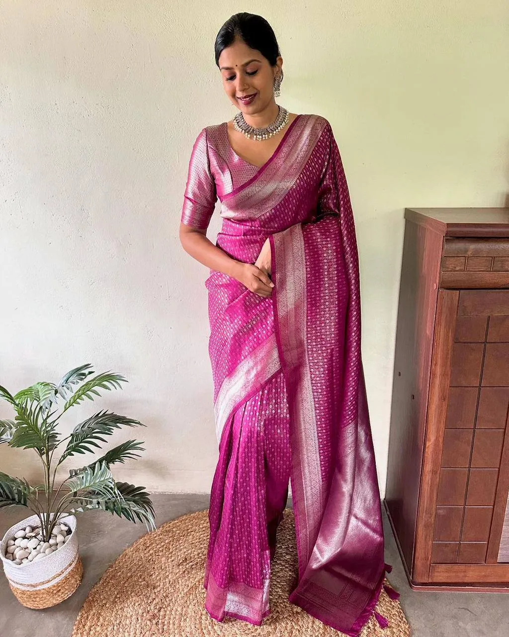 Rani Pink Lichi Silk Saree with Silver Zari Jacquard Work | Rani 7002 Wedding Wear Silk Saree