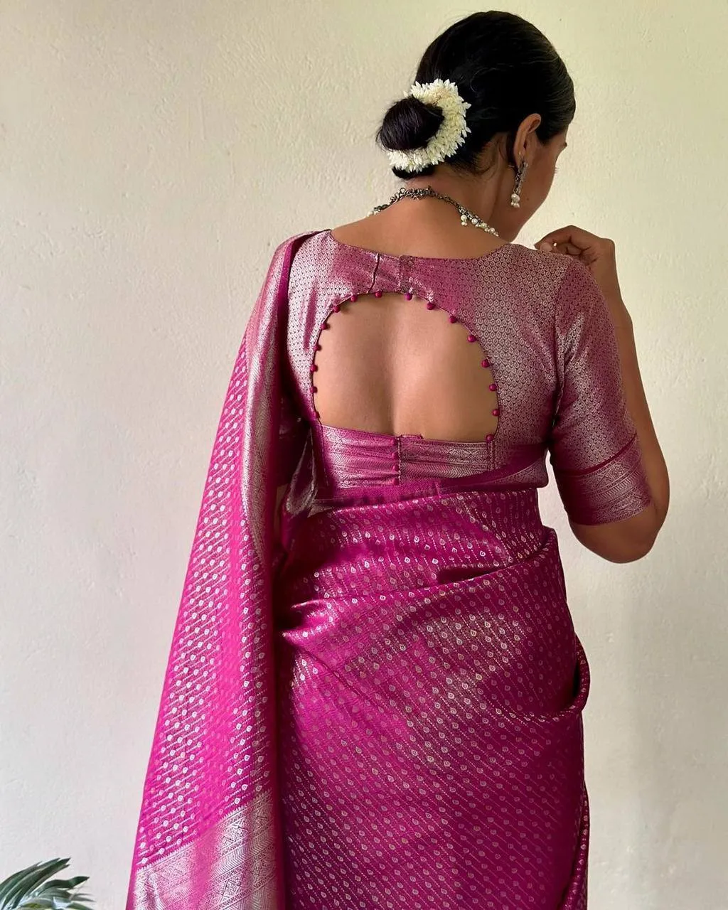 Rani Pink Lichi Silk Saree with Silver Zari Jacquard Work | Rani 7002 Wedding Wear Silk Saree