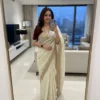 Ivory White Satin Silk Saree with Maroon Blouse & Golden Lace Border | RC1 Bollywood Party Wear Saree
