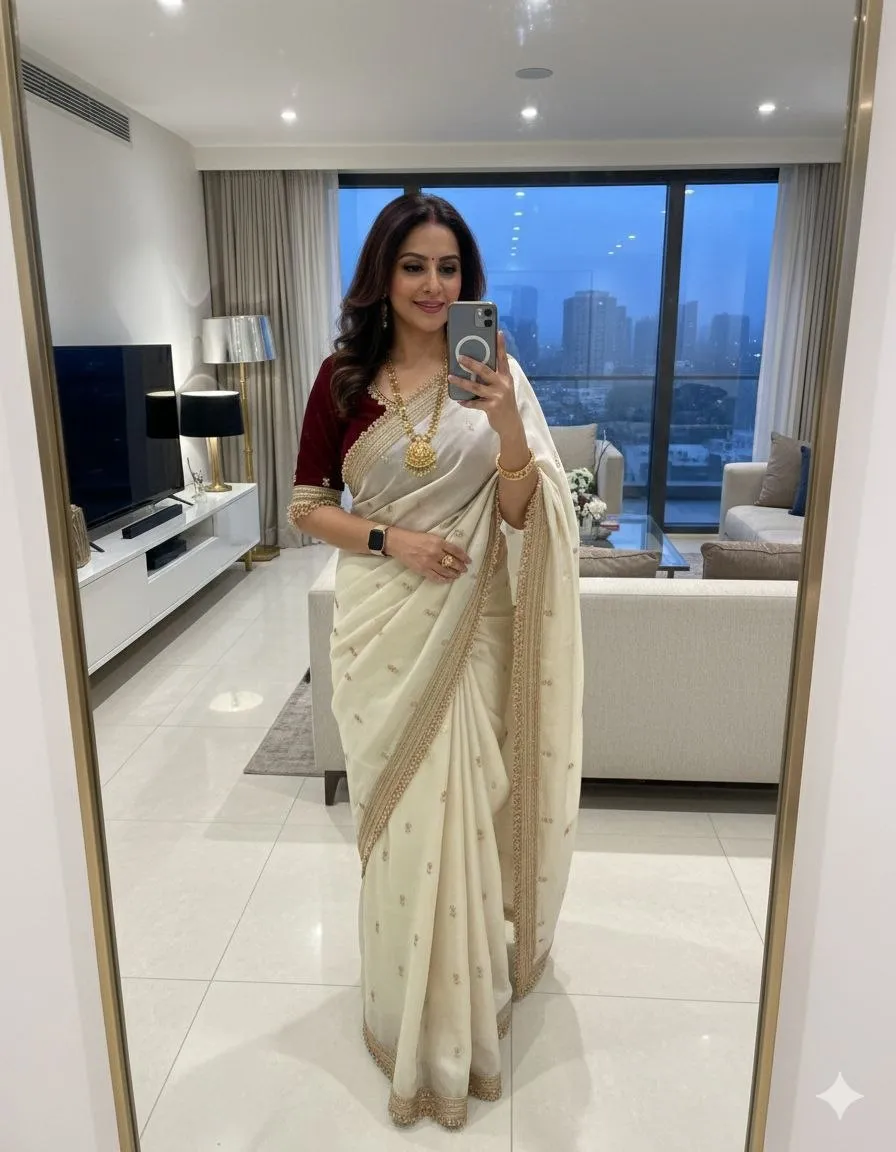 Ivory White Satin Silk Saree with Maroon Blouse & Golden Lace Border | RC1 Bollywood Party Wear Saree
