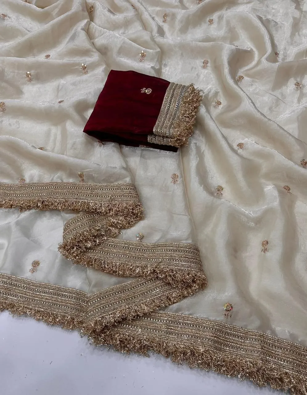 Ivory White Satin Silk Saree with Maroon Blouse & Golden Lace Border | RC1 Bollywood Party Wear Saree