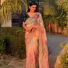 WMS Baby Pink Organza Silk Floral Print Saree with Hand Work & Designer Blouse | Premium Party Wear Saree