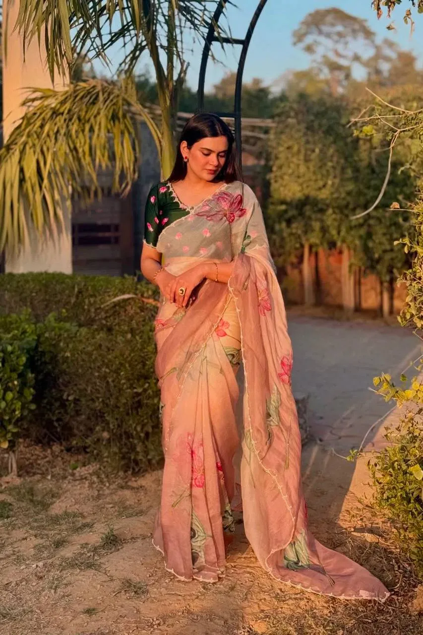 WMS Baby Pink Organza Silk Floral Print Saree with Hand Work & Designer Blouse | Premium Party Wear Saree