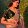 WMS Baby Pink Organza Silk Floral Print Saree with Hand Work & Designer Blouse | Premium Party Wear Saree