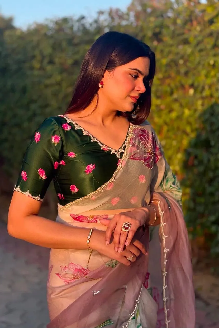 WMS Baby Pink Organza Silk Floral Print Saree with Hand Work & Designer Blouse | Premium Party Wear Saree