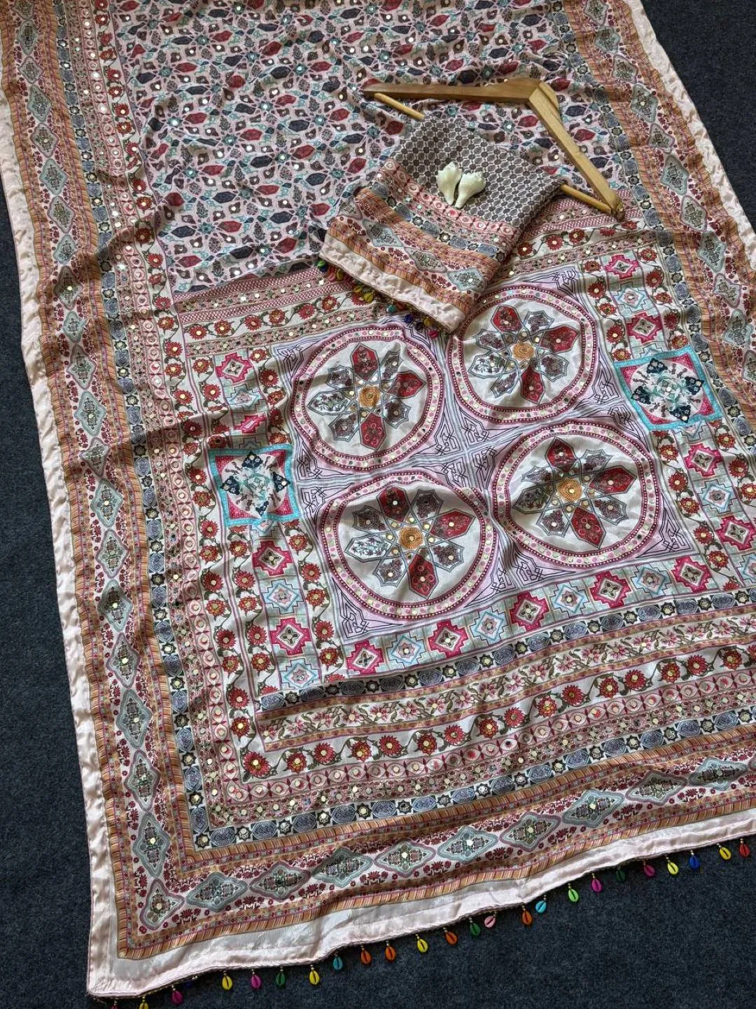 WMS Roman Silk Mirror Work Saree with Digital Print & Kodi Latkan Pallu for Women | Festival Wear Saree