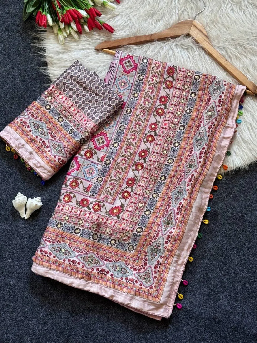 WMS Roman Silk Mirror Work Saree with Digital Print & Kodi Latkan Pallu for Women | Festival Wear Saree
