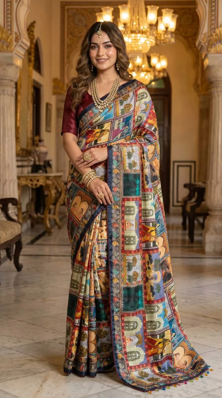 WMS Roman Silk Rajwadi Print Saree with Real Mirror Work & Cowdi Latkan Pallu | Premium Festival Wear Saree