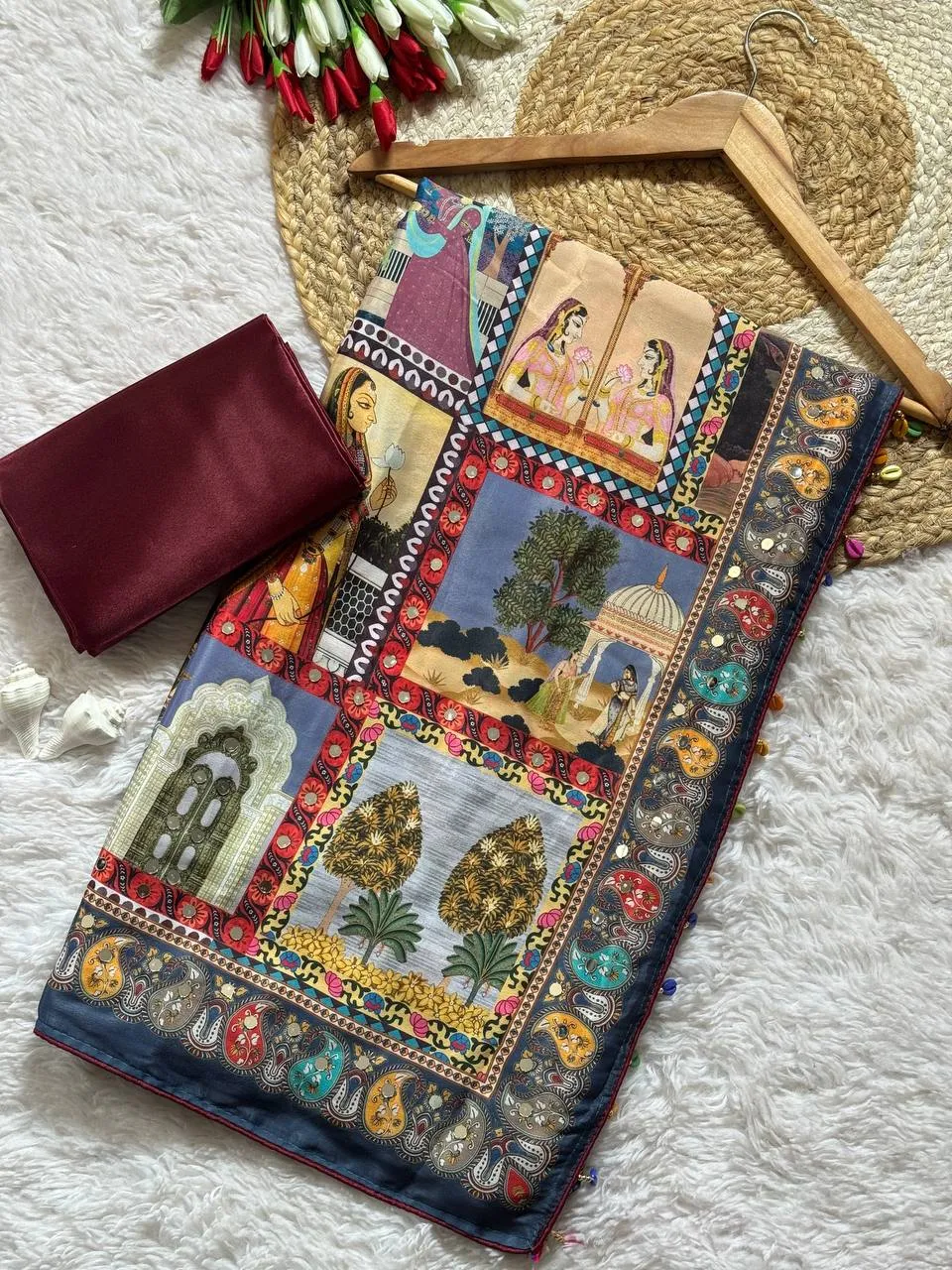 WMS Roman Silk Rajwadi Print Saree with Real Mirror Work & Cowdi Latkan Pallu | Premium Festival Wear Saree