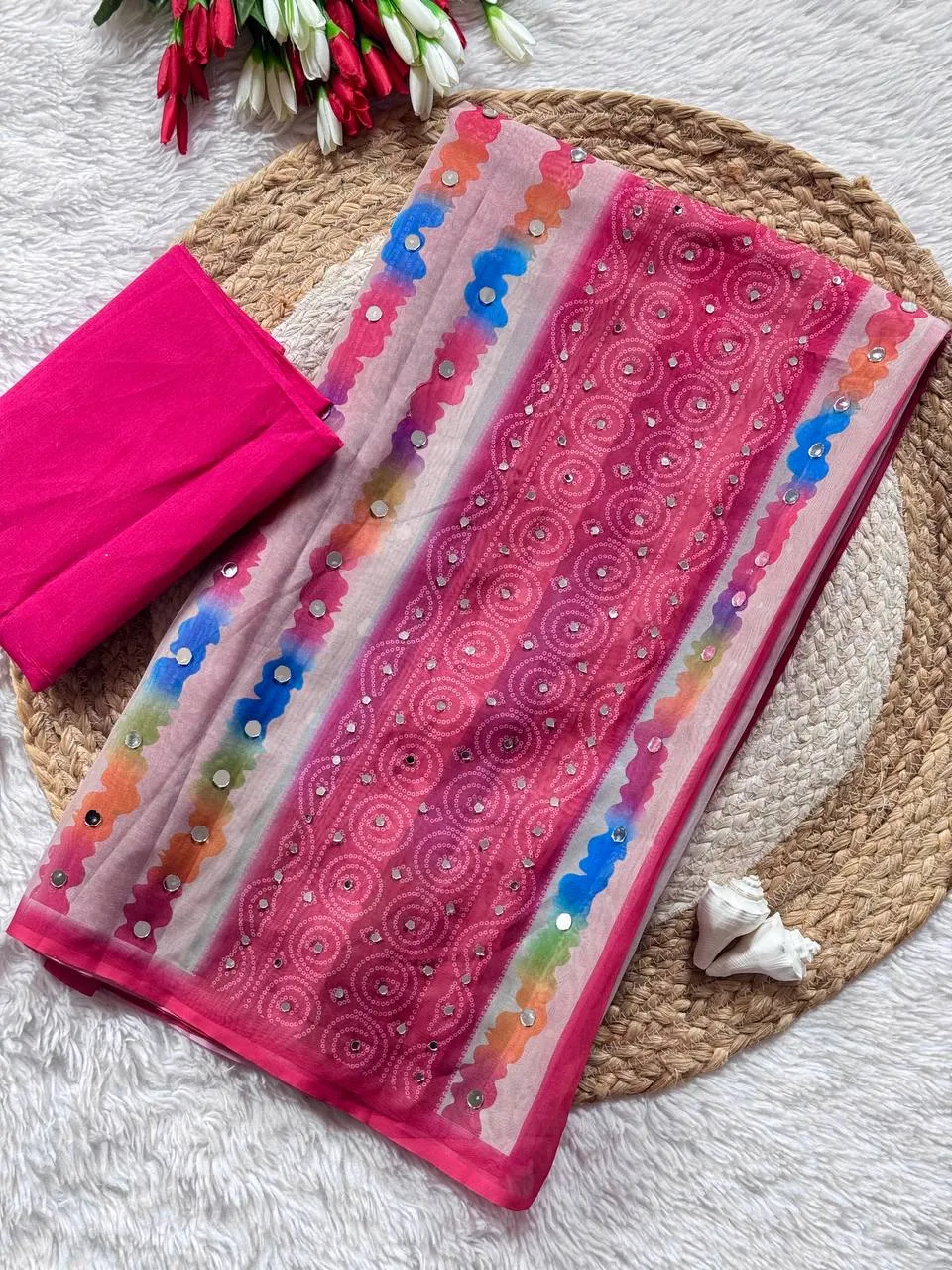 Soft Tabby Mirror Work Saree with Digital Print & Heavy Jalpari Blouse | Bollywood Style Designer WMS Saree