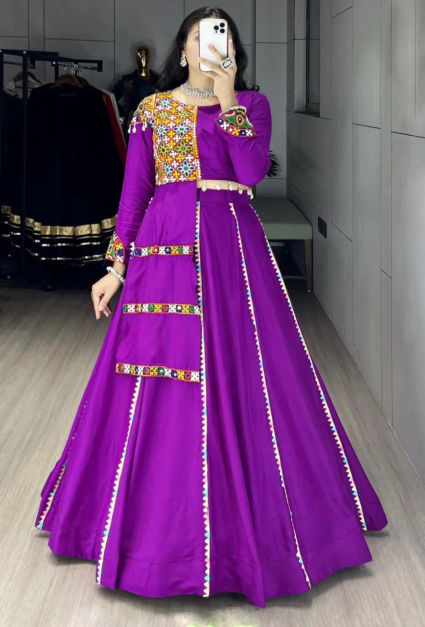 Purple Rayon Cotton Navratri Lehenga Choli with Mirror Lace Work | WMT 8045 Garba Wear Dress